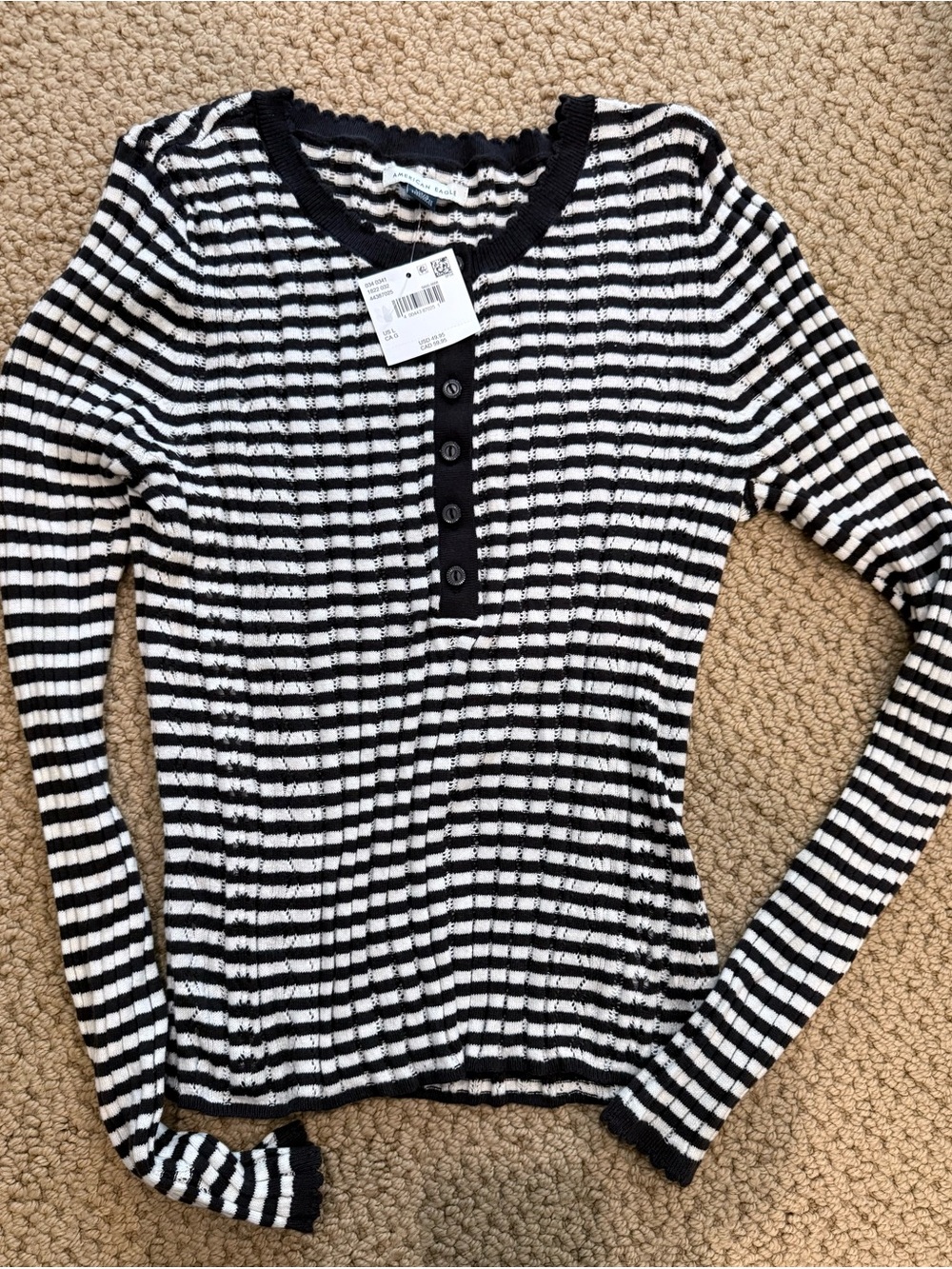 American Eagle Outfitters Black & White Striped Ribbed Henley Long Sleeve